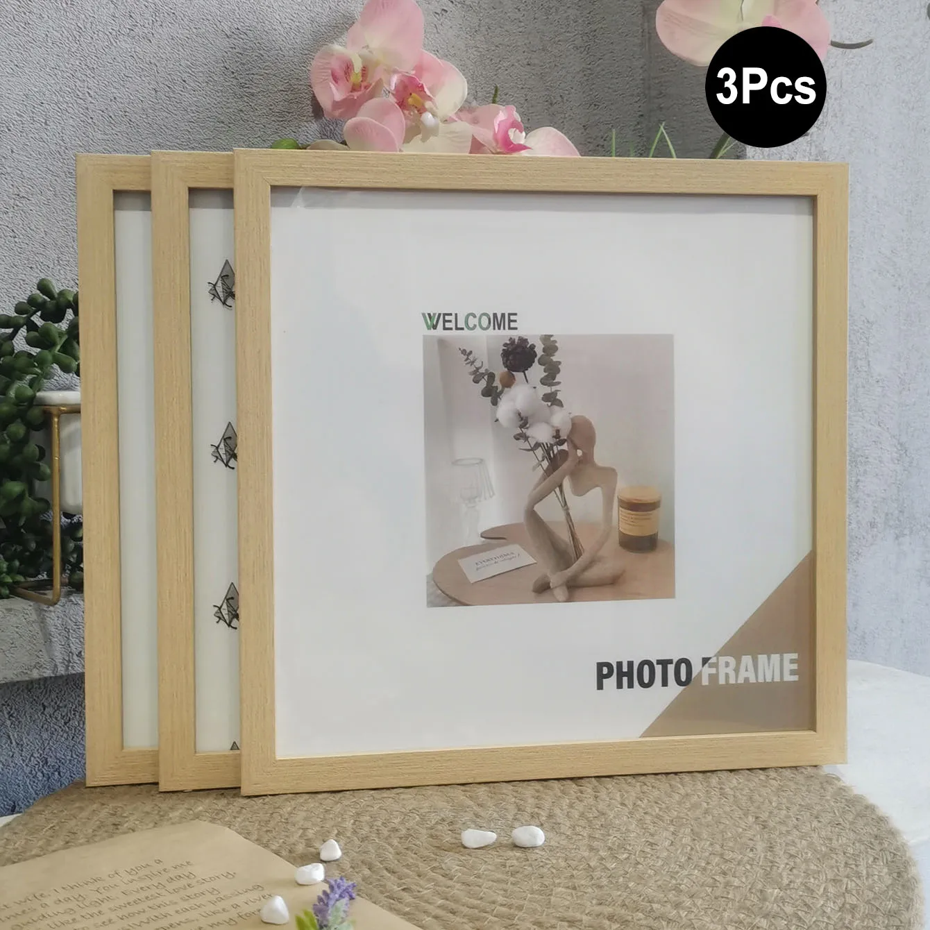 3Pcs Wood Square Photo Frames for Wall Hanging or Desktop