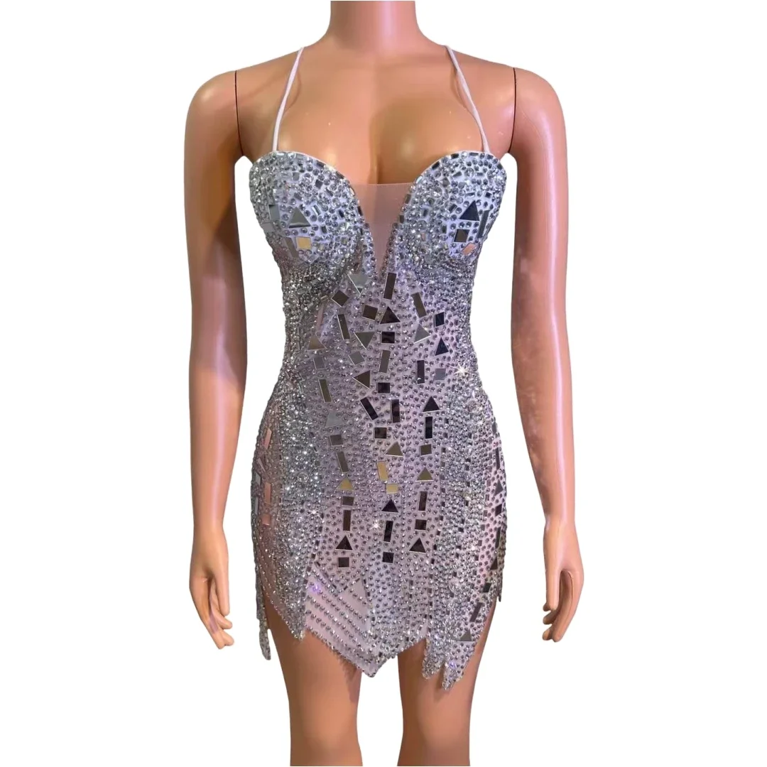 Sparkly Hot Drilling Process Rhinestone Club Dress For Women Singer Celebrity Stage Wear Birthday Party Dance Drag Queen Costume