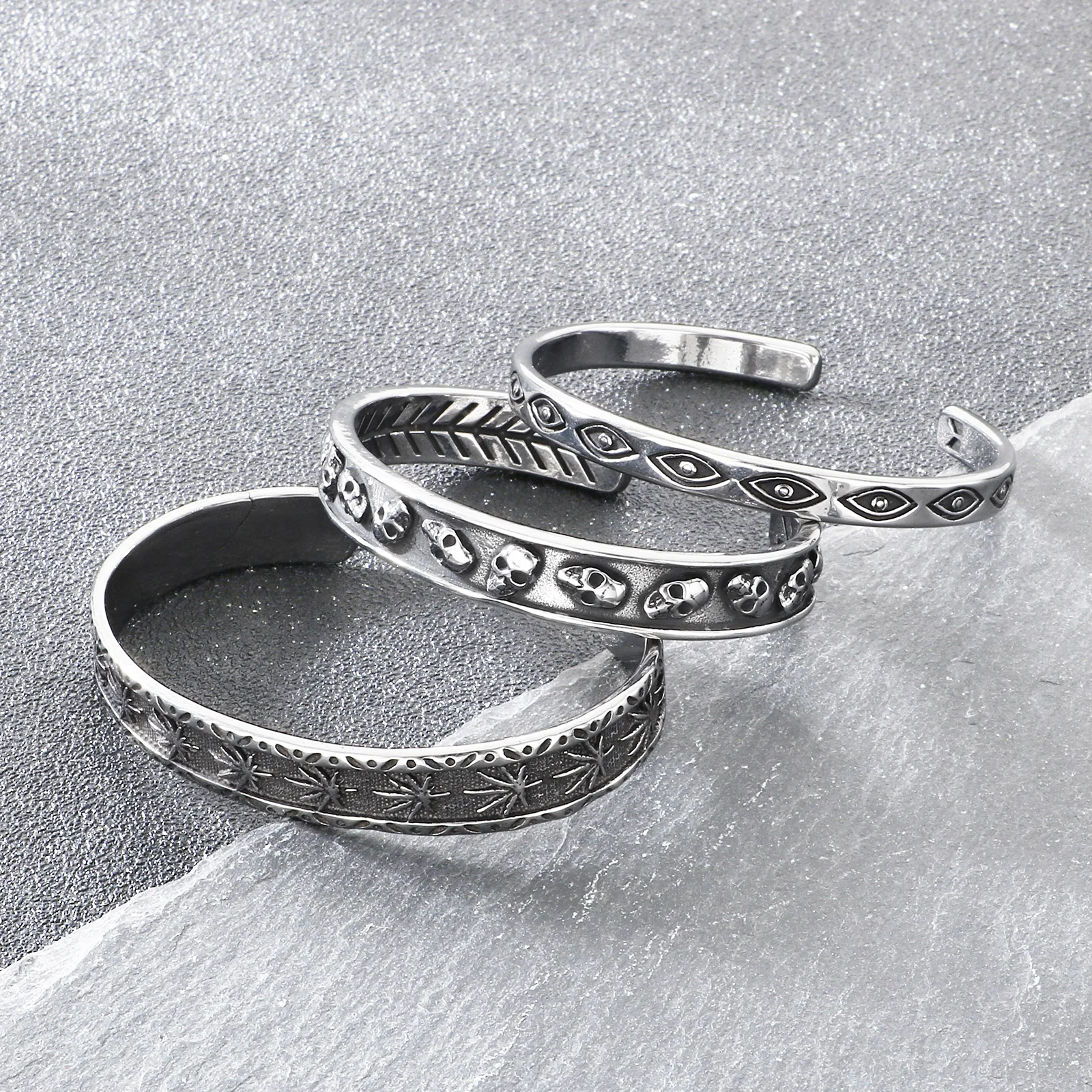 Stainless Steel 304 Skull Eye's Leaf Cuff Bangle For Men