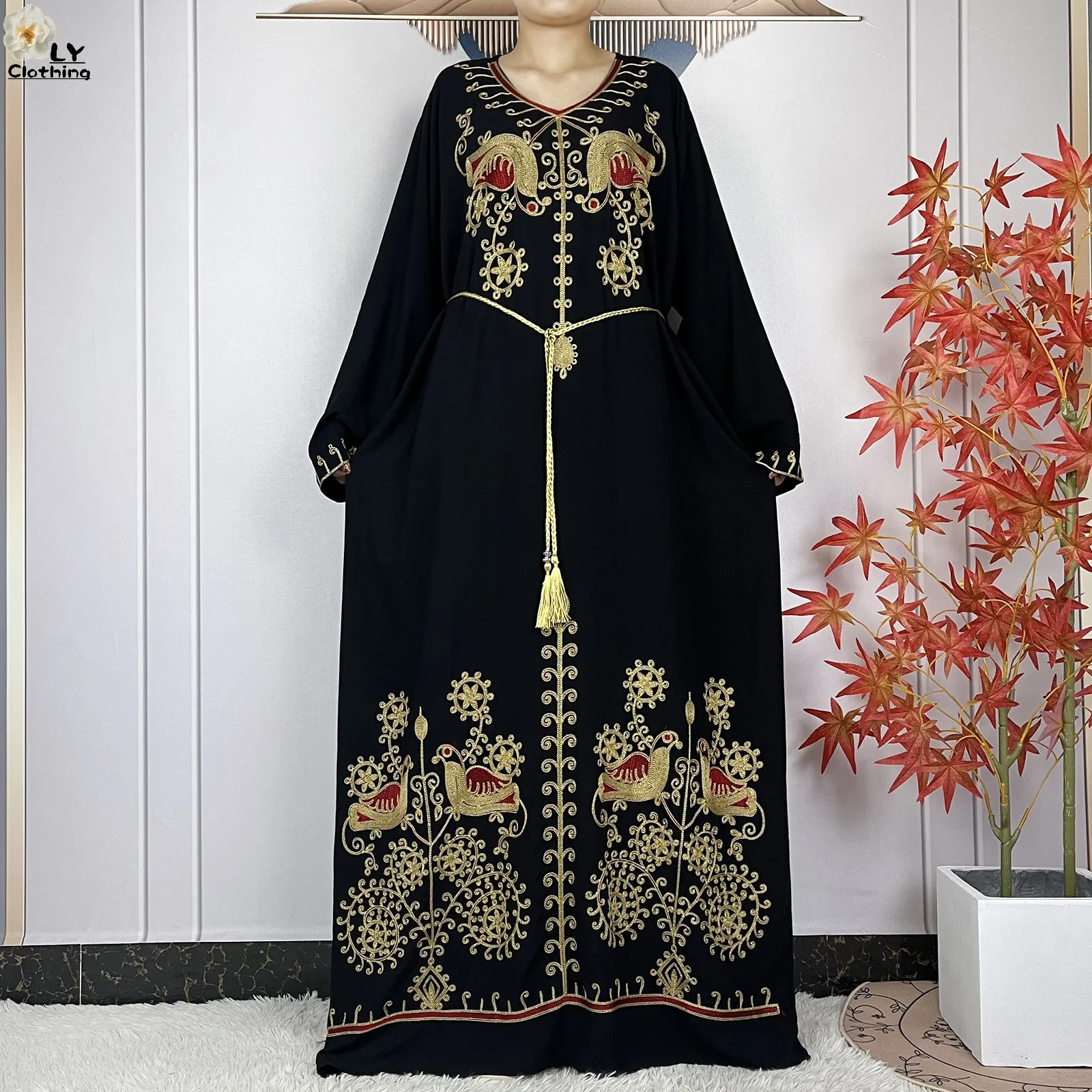 New Muslim For Women Abaya Prayer Clothing Floral Embroidery Cotton Long Sleeved African Dresses Femme Loose Robe With Headscarf