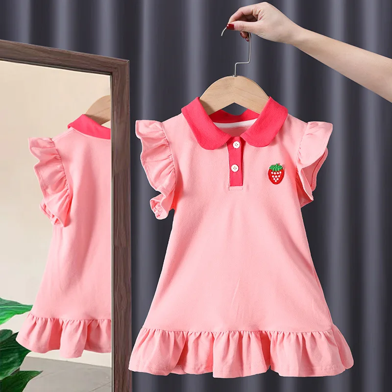 

1 to8 years Girls Casual Dress Summer 2024 New girls sweet cute Princess Dress preppy polo lapel lotus sleeve short sleeve skirt