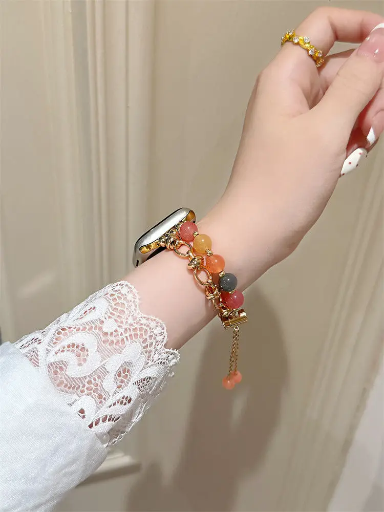 حزام سوار من حجر الكريستال الملون متوافق مع حزام iWatch 38 مم 40 مم 41 مم 42 مم 44 مم 45 مم 49 مم حزام مصنوع يدويًا عصريًا
