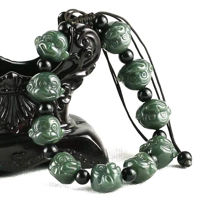 

Natural Hetian Jade Bracelets for Men Women Monkey Head Amulet Jadeite Jewelry Lucky Bracelet adjustable rope