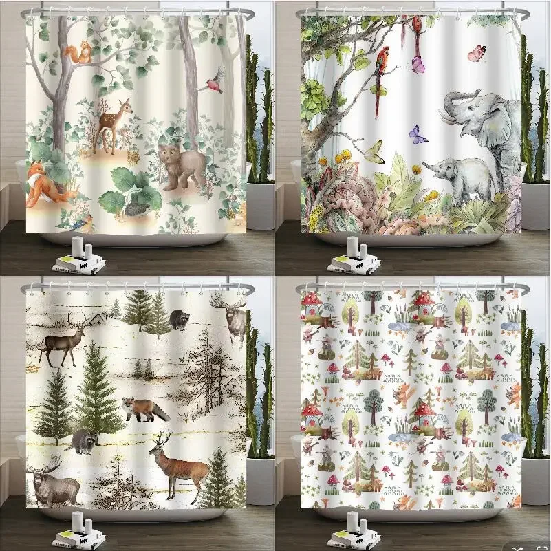 Forest Animals Shower Curtain jungle Trees Plant Wildlife Bird Bear Elk Fox Deer Modern Minimalist Kids Bathroom Shower Curtain