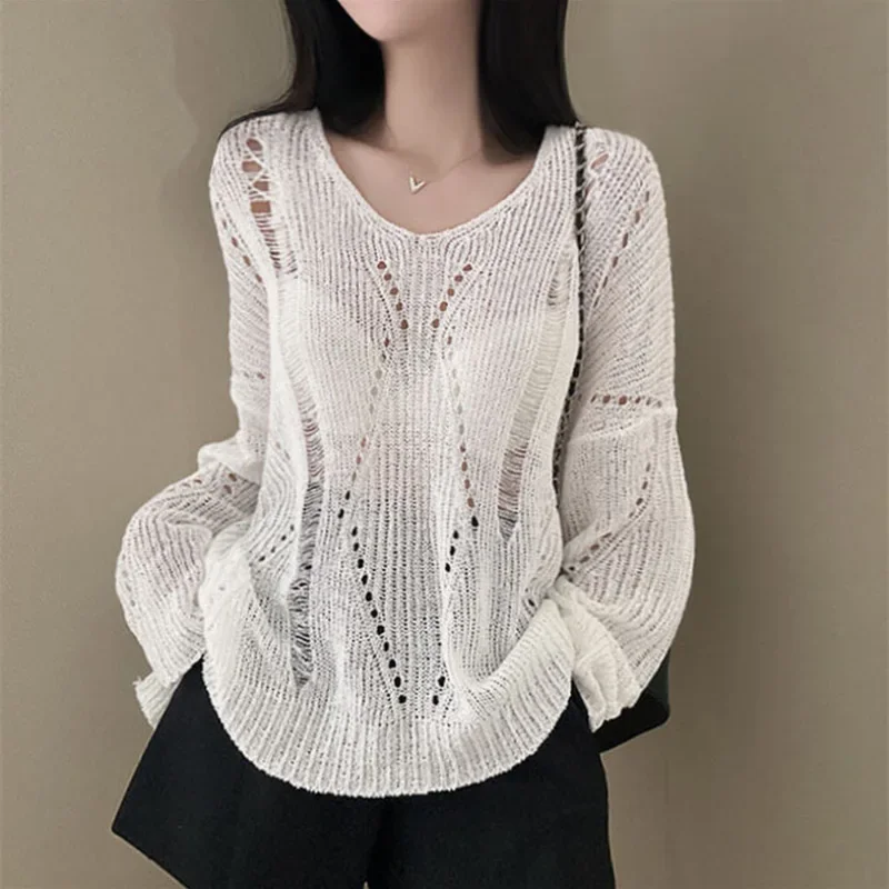 Thin Sweaters Solid Holes Spring Autumn Sunscreen Short Pullovers Korean Fashion Chic Loose Casual Pull Femme