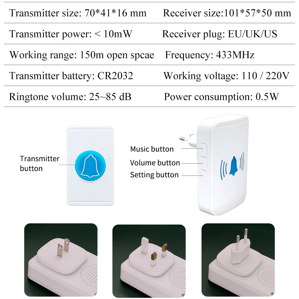 スマートホーム用ワイヤレスドアベルセット,防水送信機と220v uk us EUプラグレシーバー,150m範囲,38の音楽,4つのボリューム