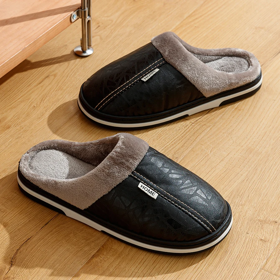 Winter Warm Men's Slippers Big Size Indoor Soft Sole Anti-slip PU Surface Waterproofing Fashion Plush Comfort Home Shoes