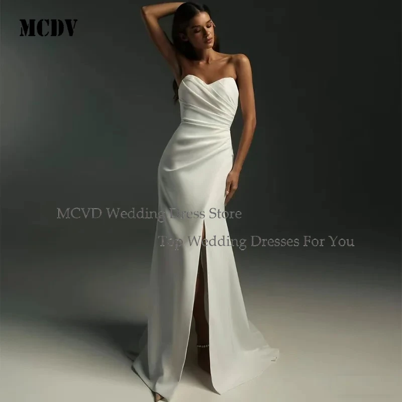 

MCDV Sweetheart Mermaid Wedding Dress Satin Pleated Gown Custom Bride Robe de Mariée with High Slit and Sweep Train