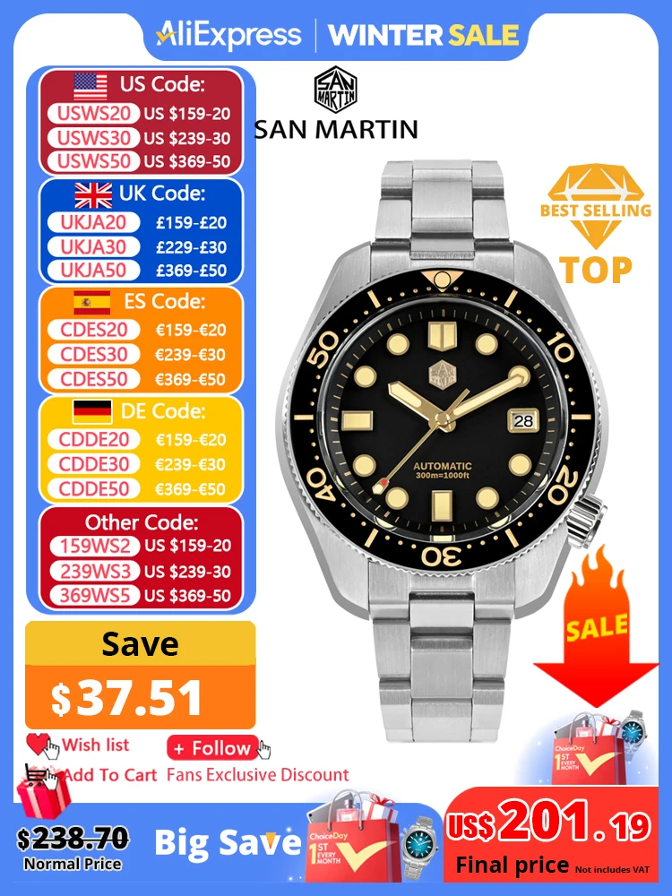 San Martin 2023 New 44mm Vintage MM300 Men Diving Watch NH35 Gilt Dial Automatic Mechanical Sapphire Waterproof 300M C3 Reloj