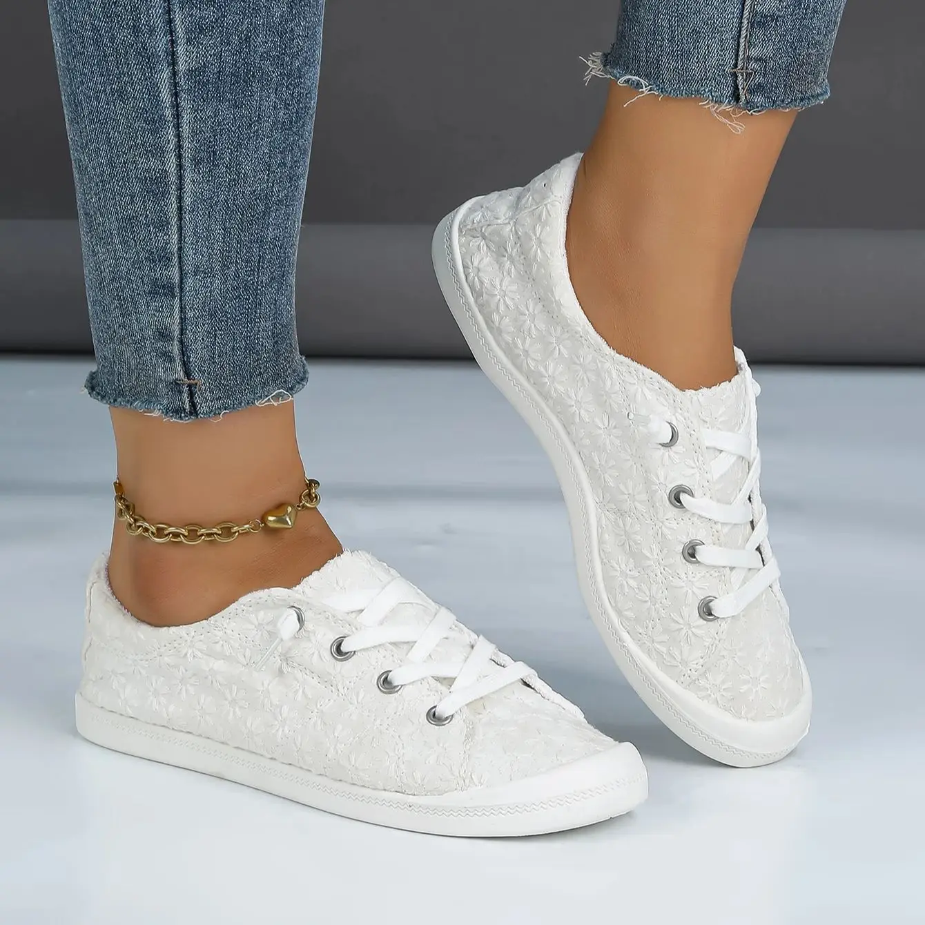 

Women's White Floral Embroidered Casual Sneakers - Lightweight Slip-On Lace-Up