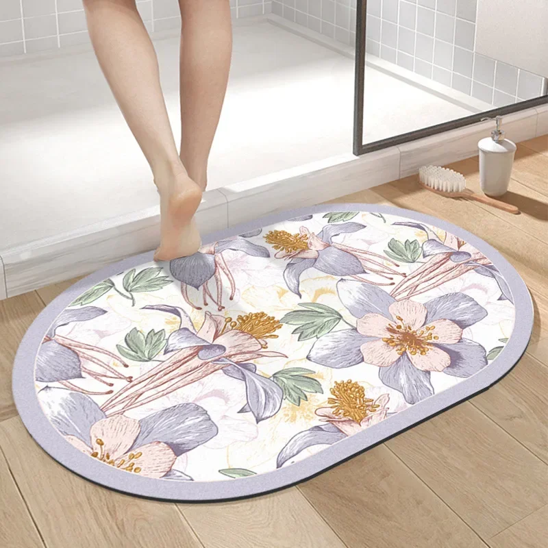 1pc Vintage flower soft diatomaceous mud floor mat, bathroom bathroom, toilet door mat, water absorption and anti slip speed