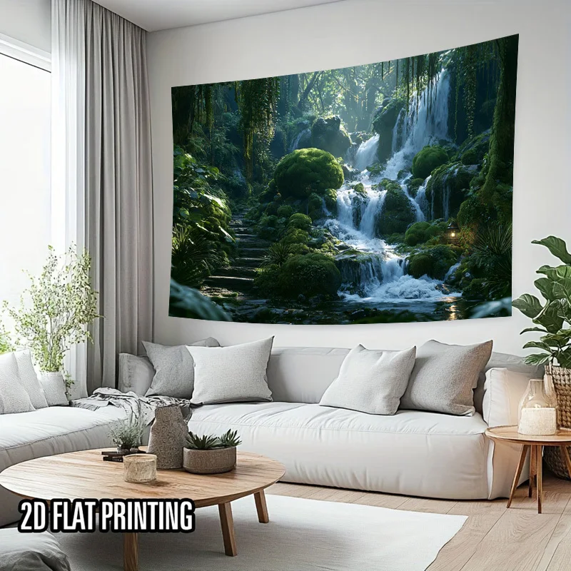 Luxury Jungle Waterfall Tapestry 2D Printed Wall Art Hanging Tropical Rainforest Nature Greenery Decor for Modern Home Living Ro