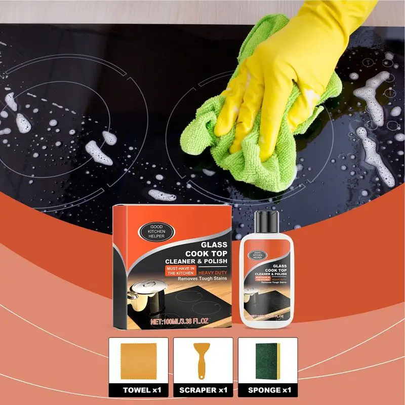 Kitchen Cleaner Kit Non-Scratch Cooktop Cleaner Heavy Duty Glass Cleaning Kit Non-Abrasive Stove Polish Powerful Kitchen