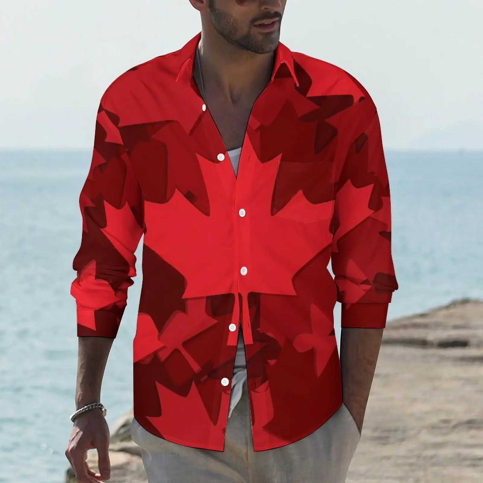 Red Leaf Shirt Male Canada Maple Casual Shirts Autumn Y2K Custom Blouses Long Sleeve Trendy Oversized Clothing Birthday Present