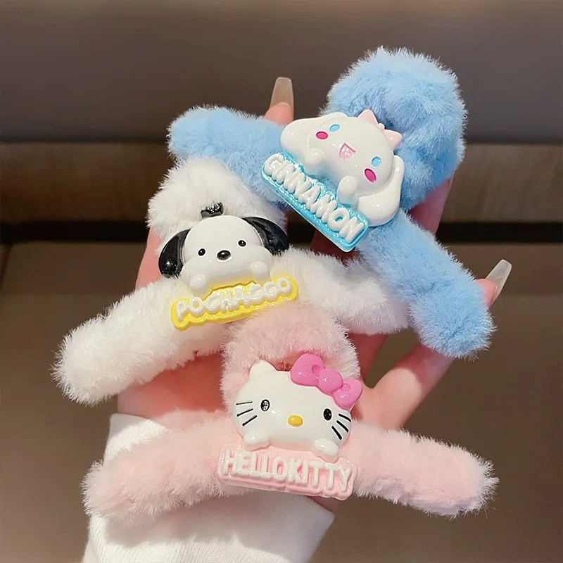 MINISO Kawaii Sanrio Clasp Hairpin Plush Kuromi Cinnamoroll Hellokitty Anime Figure Ponytail Curled Hair Accesories