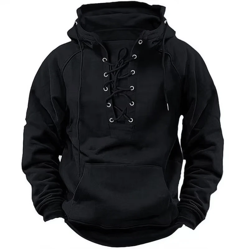 2024 Herfst Trendy Heren Sweatshirts Met Capuchon Lace-up Trekkoord Lange Mouw Losse Hoodies Mannen Streetwear Vintage Effen Kleur Hoodie