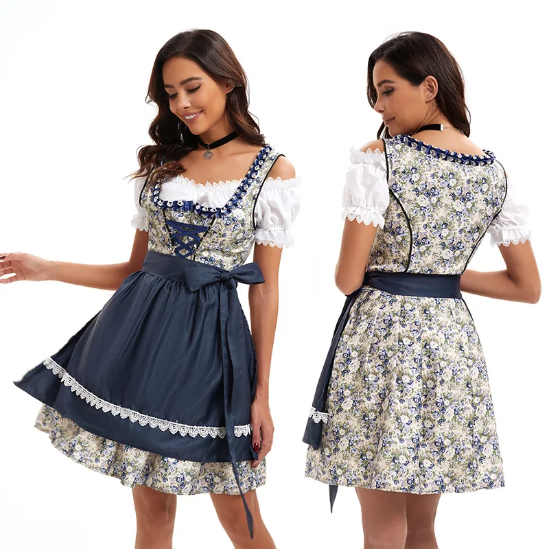 

Munich Germany Costume Beer Carnival Bavarian Performance Costumes Blue Oktoberfest Dress with Apron Ribbon Maid Club Wear