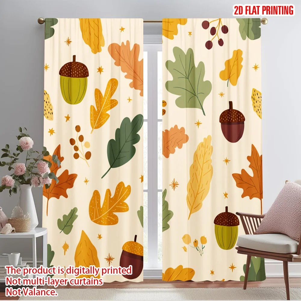 

2pcs 2D flat printing Curtain Autumn Leaves Acorns Berries Polyester Without Electricity Birthday Party Perfect for Festive Wall
