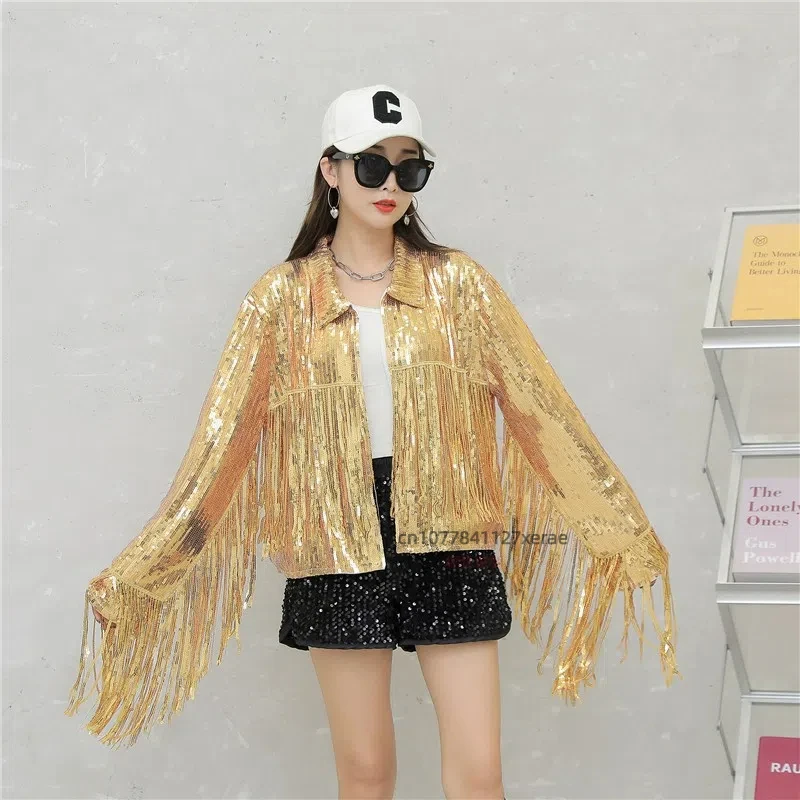 

Korean style jazz dance costume sequined short jacket long sleeved fashionable tassel design loose top dance performance suit se
