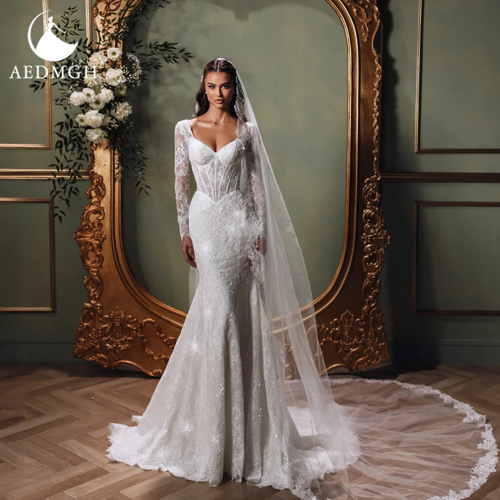 

Aedmgh Mermaid Graceful Wedding Dresses For Women Sweep Train Vestido De Novia Lace Embroidery Vintage Custom Made Bridal Gowns
