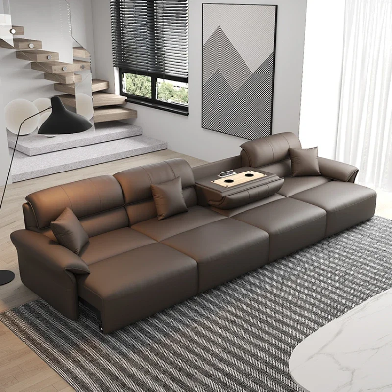 

Leather sofa first layer cowhide living room dual-purpose electric retractable zero wall sofa