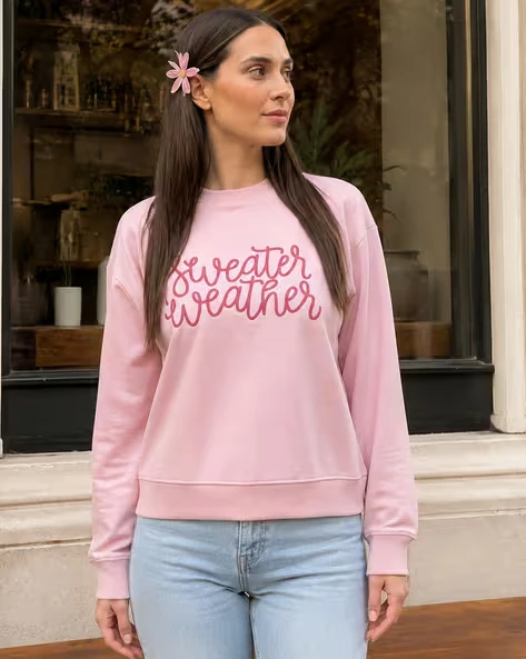 Women Crewneck Sweatshirt Sweater Weather Cursive Letter Front Print Long Sleeve Casual Loose Pullover Tops