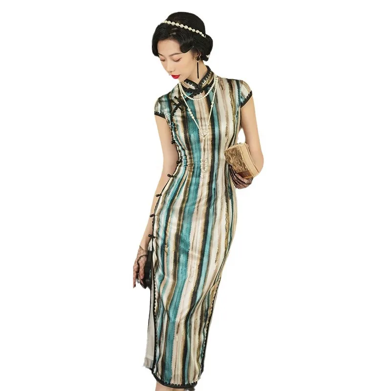 Ulepszona chińska damska letnia jedwabna sukienka wysokiej jakości z prawdziwego jedwabiu Cheongsam Qipao Vintage Stripe wysokiej jakości długa