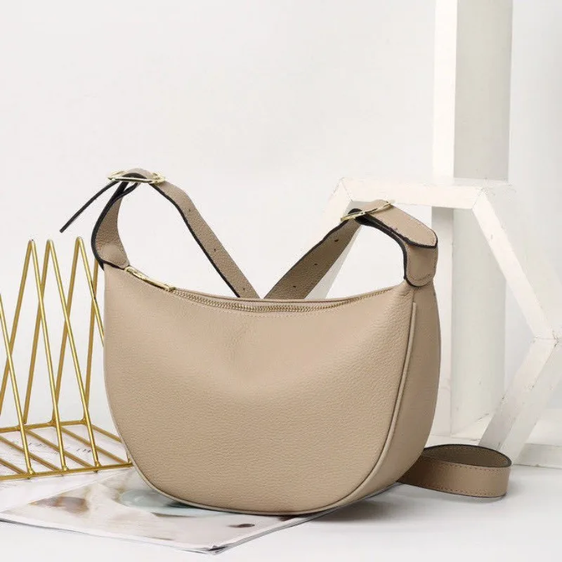 Top Layer Cowhide Versatile Casual Women's Handbag Shoulder Crossbody Bag Minimalist Ladies' Bag, Zipper Shell Bag, Soft Leather