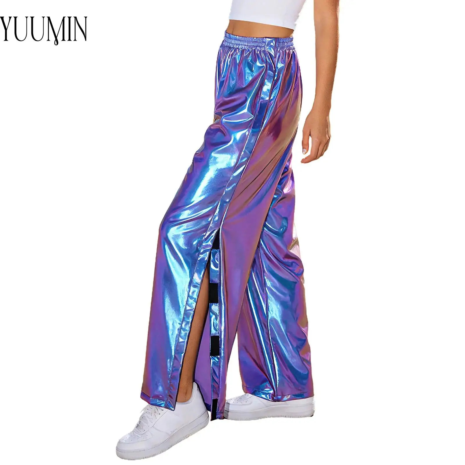 

Women Tear Away Metallic Sports Pants Side Full Open Hook-and-Loop-Fastener Sweatpants Performance Post Surgery Adaptive Clothes