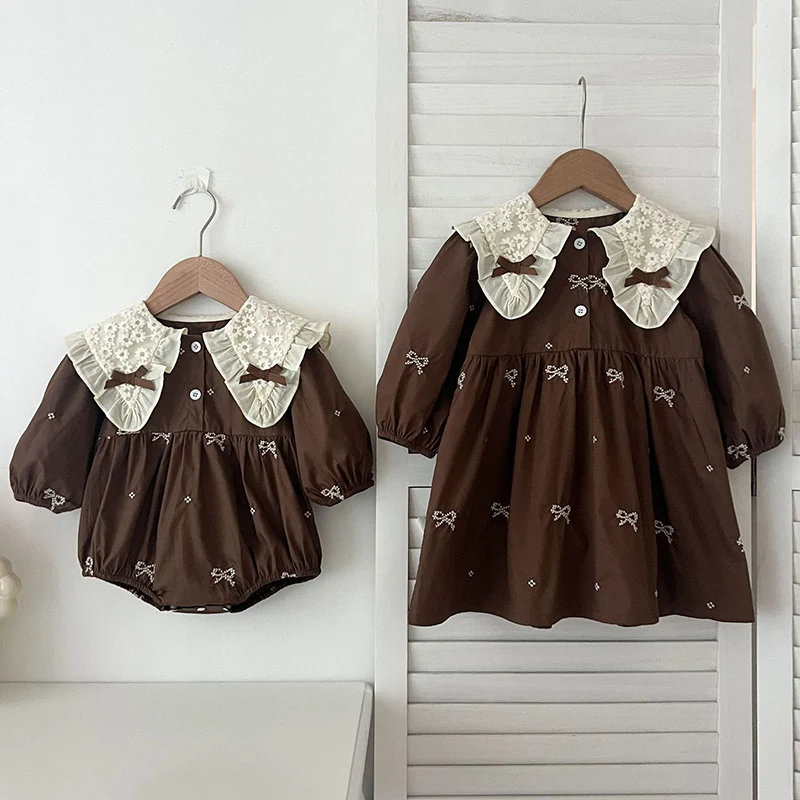 2024 New Autumn Sister Dress 2-6Yrs Girl Party Dress Long Sleeved Cotton Embroidery Baby Girl Romper Kids Princess Dresses