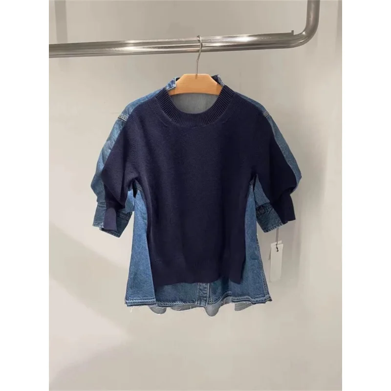 2026 Summer New Japanese Design Knit Half Sleeve Top Women Loose Denim Patchwork Short Sleeve Sweater