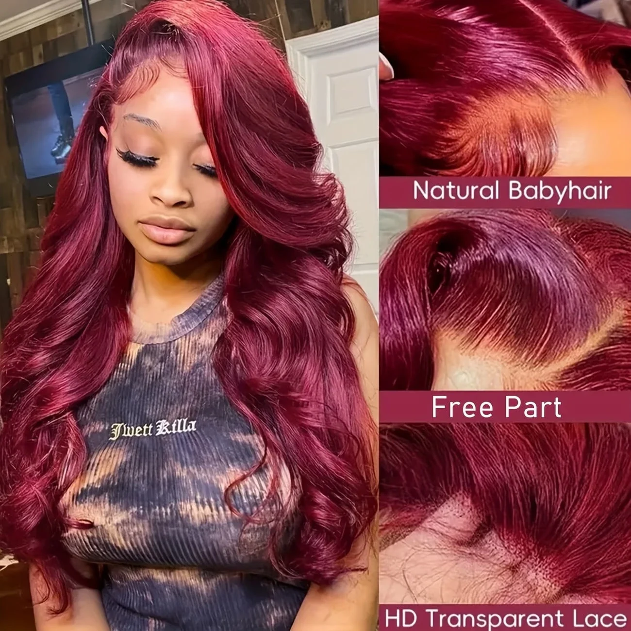 28 Inch 99J Burgundy Body Wave Human Hair 13x4 HD Transparent Lace Front Wigs 250 Density Pre Plucked 99j Burgundy Red Wine Human Hair Wigs For Women Wedding Party Christmas Daily Use - view 4