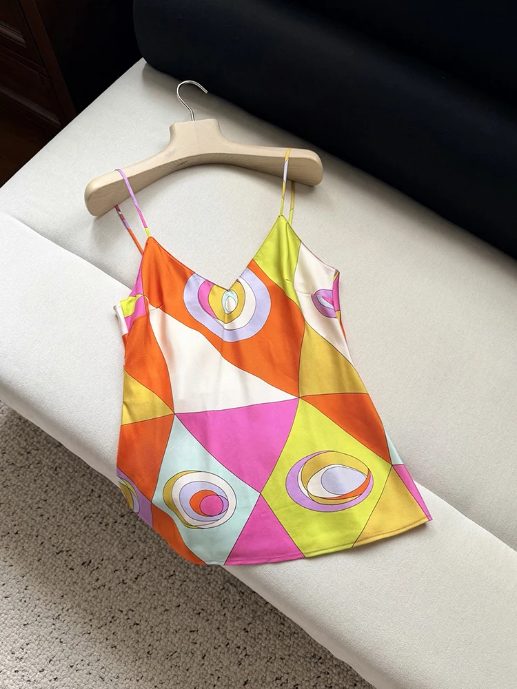 Summer Fashion Beach Resort Vintage Pattern Print Silk Spaghetti Strap Tops Women's Party Sexy Strapless High Waist Slim Tops