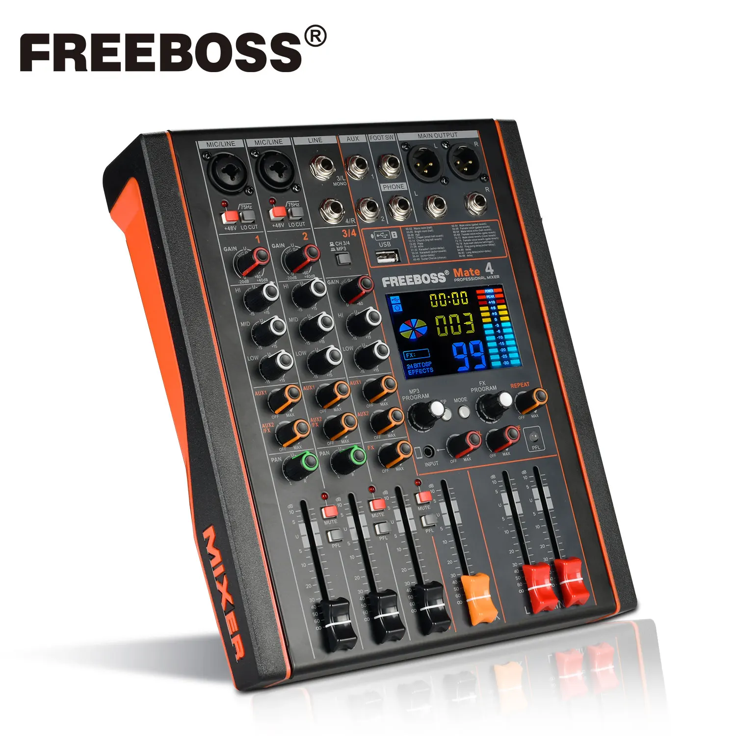 FREEBOSS 4 Channels Audio Mixer 99 DSP Effects 2 AUX Bluetooth Mixing Console 48V USB PC Sound Table for Stage Performance MATE4