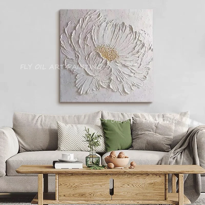 

Simple Knife Pure Flower Large Thick Canvas Art Hand Painted White Flowers Simple Style Oil Painting Frameless Wall Art Decor