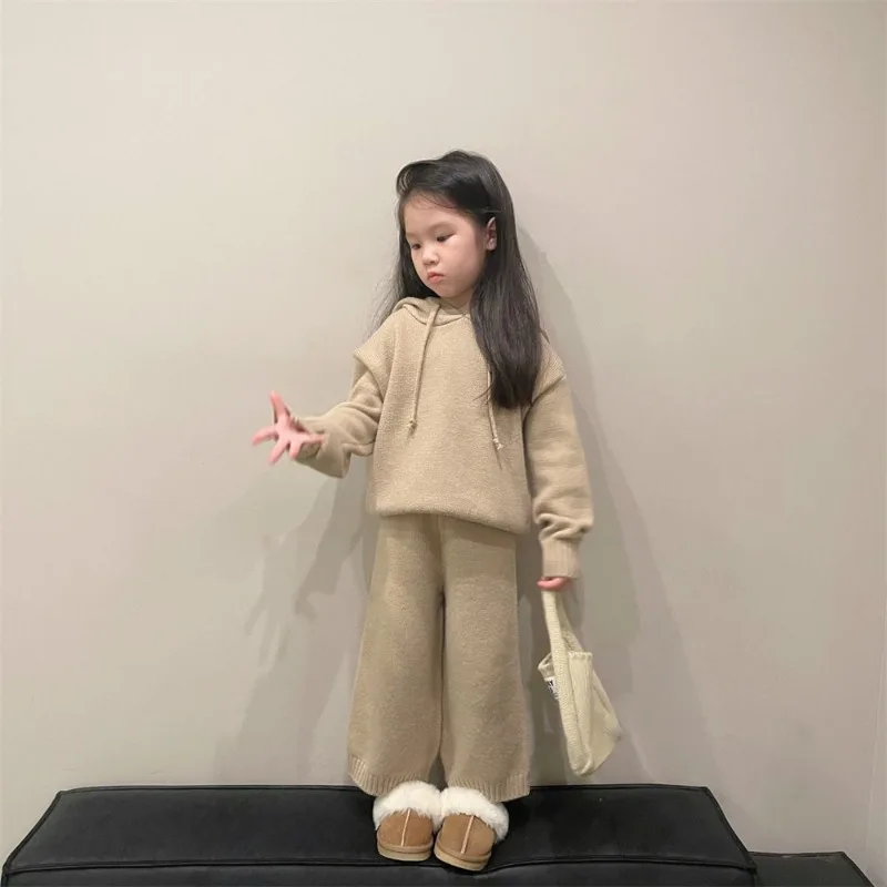 Girls Casual Hooded Knitted Korean Sweater Set Children\'s Sets Autumn Winter Coat and Pants Kids Two Piece Set Clothes