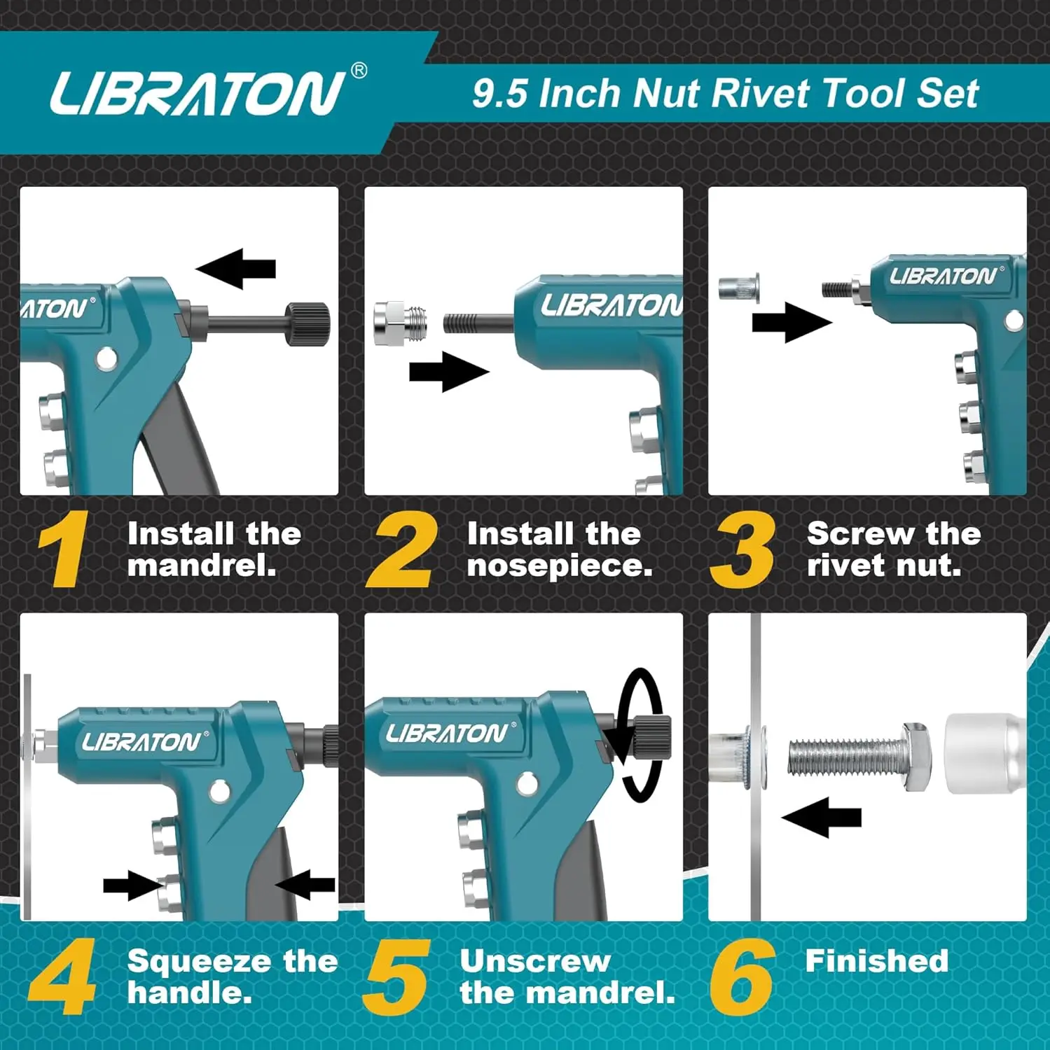 LIBRATON Rivet Nut Gun Kit, 9.5 Inch One-Handed Nut Rivet Gun with 80PCS Threaded Rivet Nuts Metric M3-M6 & SAE 6-32\