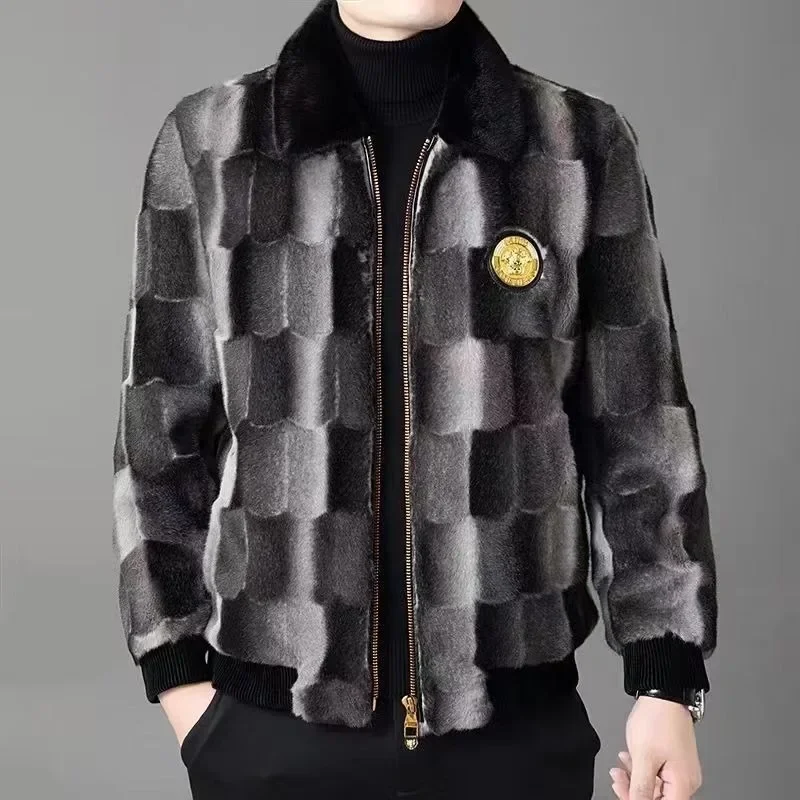 Winter Men Slim Fit Mink Coat Fashion Polo Collar Large Size Thickened Imitation Fur Outcoat Fur Integrated Casual Short Outwear