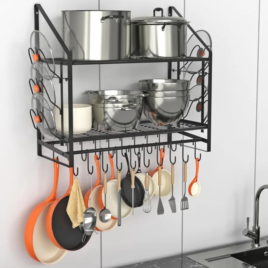 

28 Inch Pot Rack Wall Mounted 2 Tier Pots and Pans Organizer with 20 Hooks and 6 Pot Lid Holders Heavy Duty Steel Pot and Pan H