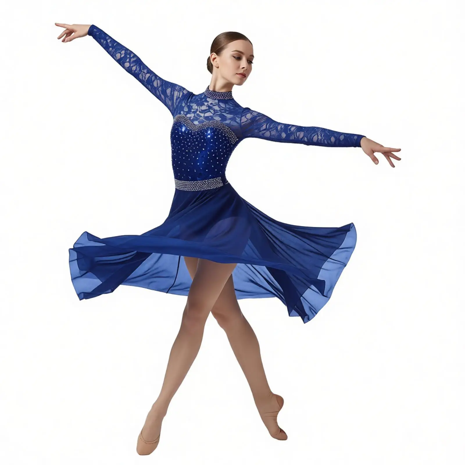 女性用ラインストーン付きコンテンポラリー・リリカルダンスレオタードドレス、大きなチュールシースルーメッシュスケートバレエ体操ボディスーツ、ワルツダンス用