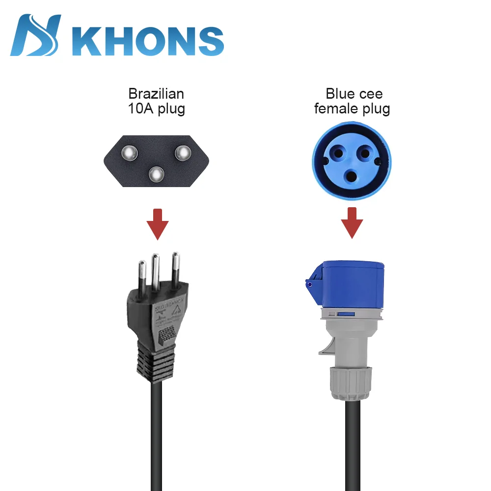 KHONS elétrico veículo carregador azul CEE 32A para plugue brasileiro 10A adaptador 32A 1 fase fêmea para conector de plugue 10A