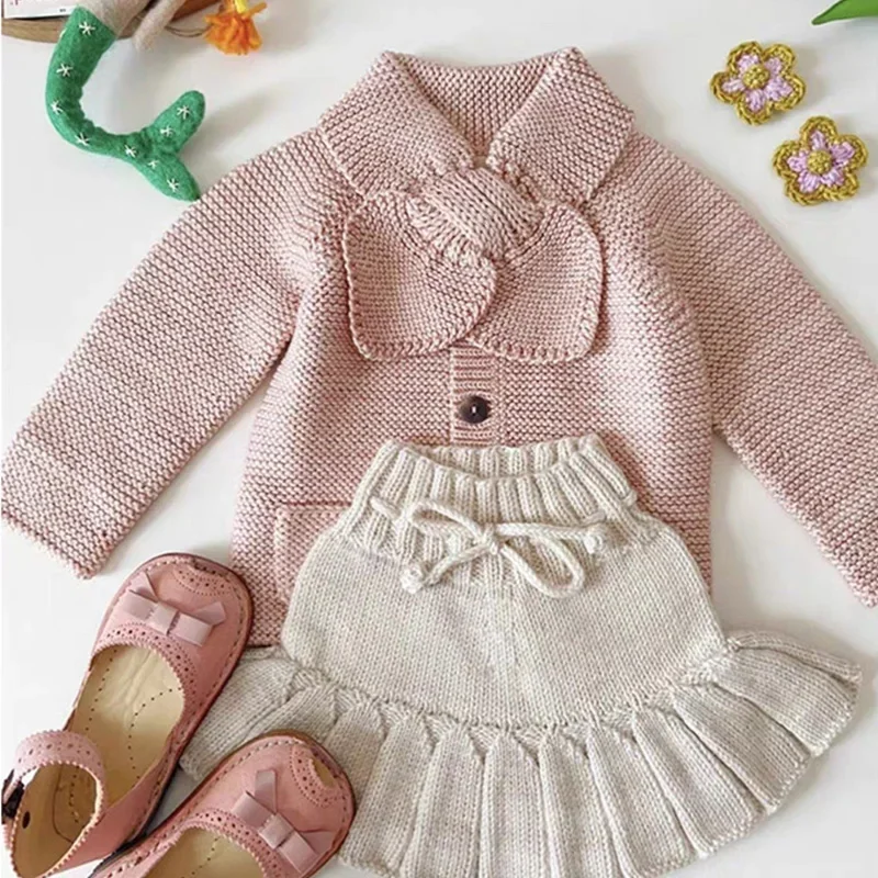 INS Girl Knit Sweater 2024 Winter Bow Baby Boy Sweater Fashion Casual Girl Outerwear Knitwear Boutique Children's Clothing