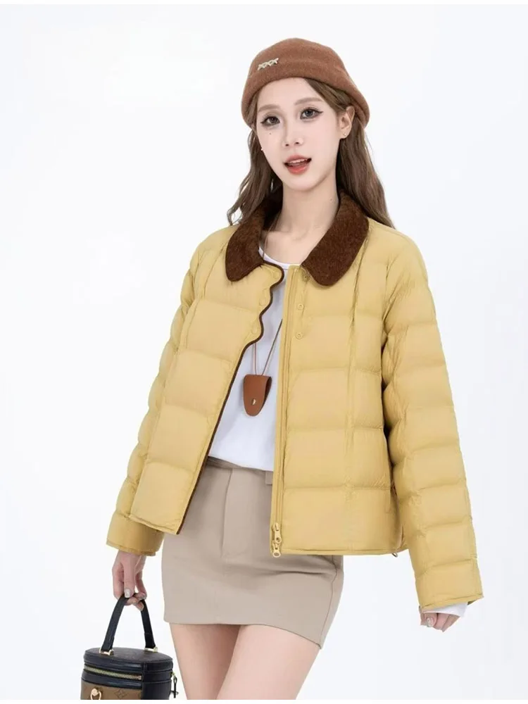 2025 Winter New Light and Thin Down Jacket Women Lapel Collar Color Blocked Western Style White Duck Down Trendy Coat