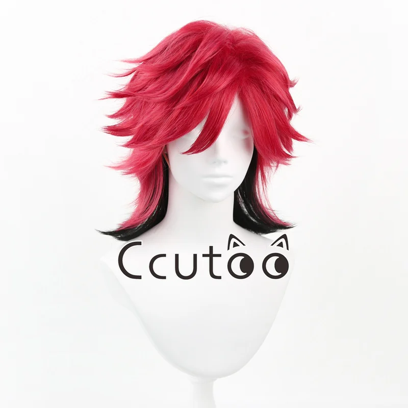 Matsumoto Hideto X-JAPAN hide 45cm Black and Rose Red Mix Short Fluffy Layered Cosplay Wigs Heat Resistant Fiber + Wig Cap