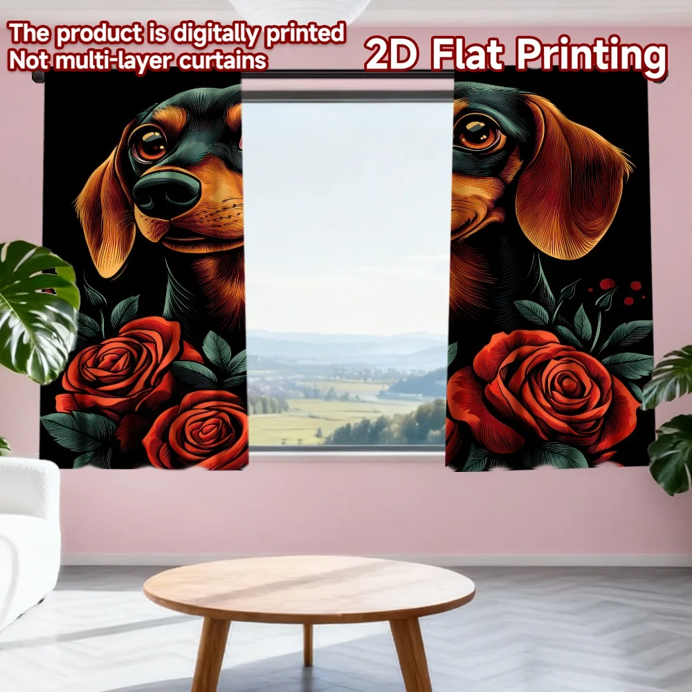 

2D flat printing 2pcs Window Treatment Curtains Valentine's Day Dog with Roses Digital Printed Polyester Drapes Festive Wall
