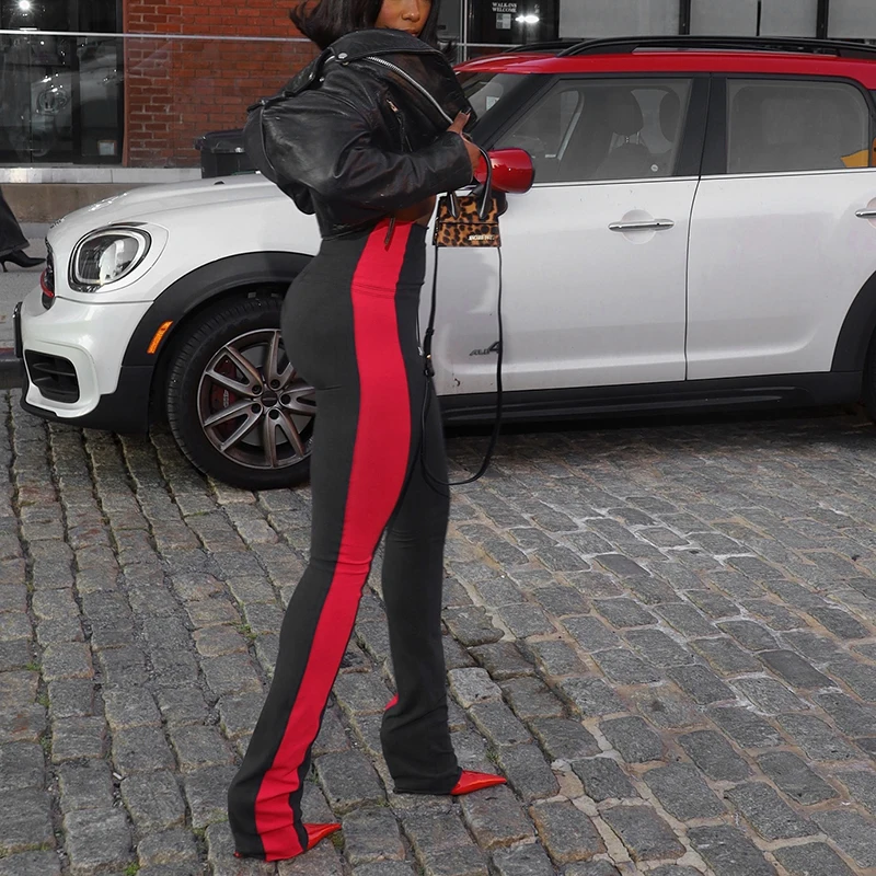 Women Fall/Winter Athletic High-Waisted Color-Block Straight-Leg Stretch Slim Long Casual Pants Chic Streetwear Trends