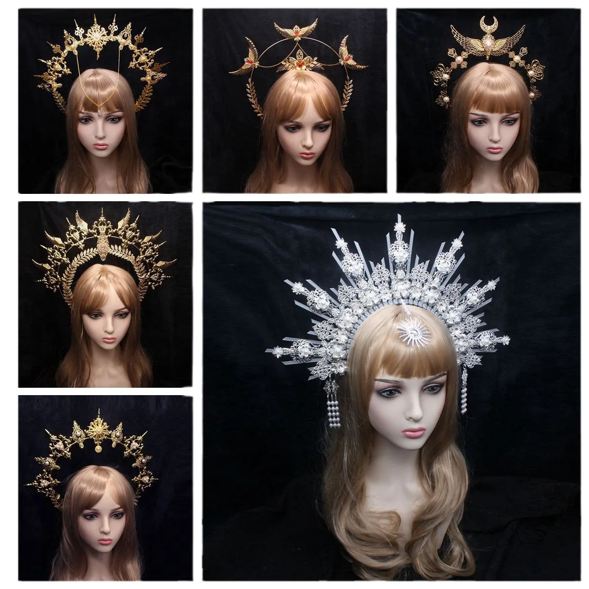 Ręcznie robiona opaska Lolita Golden Mary Apollo Sun Halo Angel Goddess Gothic Crown Goth Headpiece Filigree For Bride Photoshoot