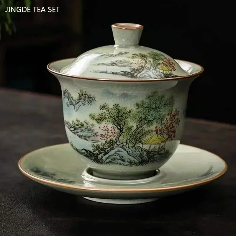 Exquisite Ice Crack Glaze Ceramic Teacup Handmade Beauty Gaiwan Vintage Chinese Tea Tureen High Grade Porcelain Tea Cups