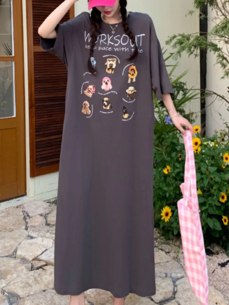 Oversize ฤดูร้อนพิมพ์การ์ตูน T เสื้อชุดยาวผู้หญิงเกาหลีแฟชั่นแขนสั้นหลวมชุดผู้หญิงสุภาพสตรีชุด Vestidos