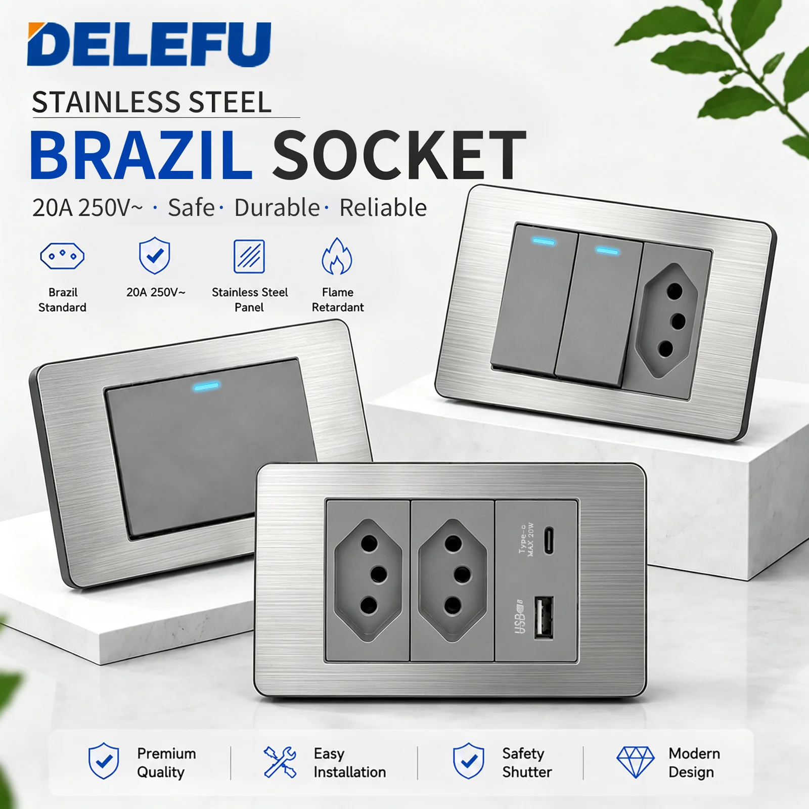 Tomada de Parede Modular Brasileira DELEFU Tipo 118 com Painel de Aço Inoxidável, Saída 10A/20A, Interruptor de Luz LED e USB Tipo-C
